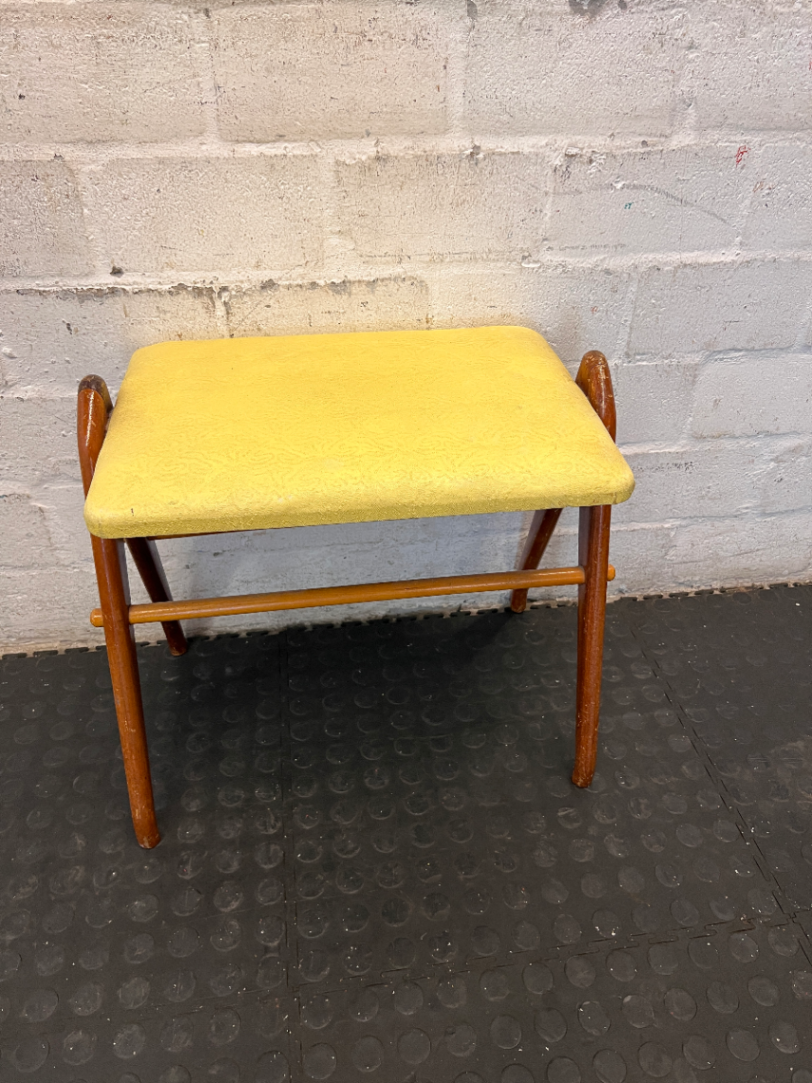 Vintage Wooden Stool with Yellow Patterned Upholstery - 2ndhandwarehouse.com