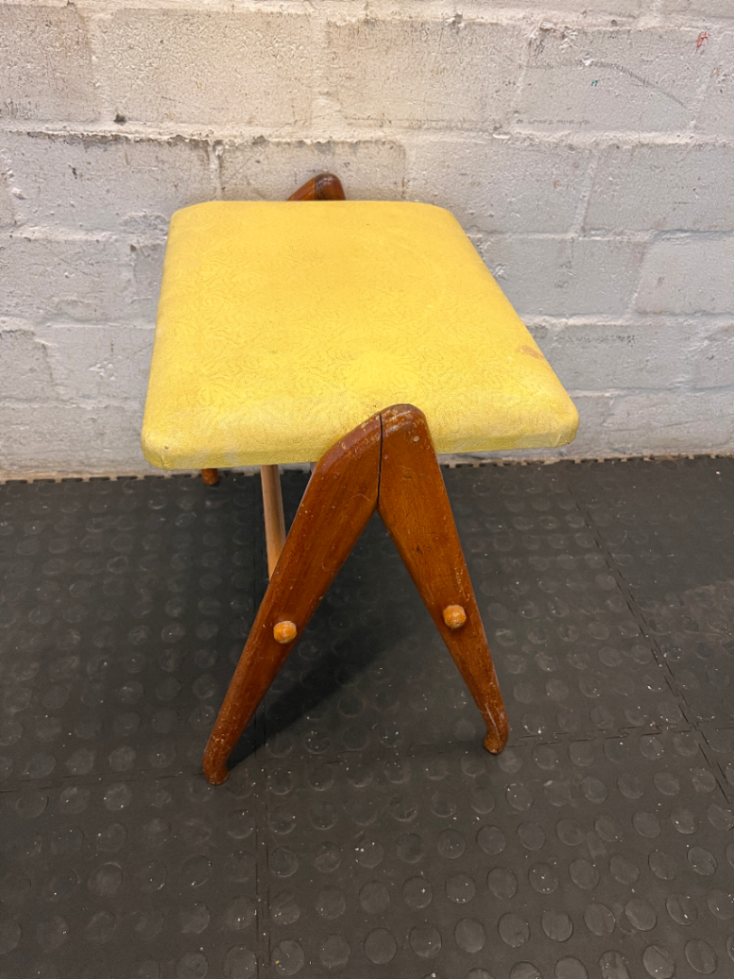 Vintage Wooden Stool with Yellow Patterned Upholstery - 2ndhandwarehouse.com