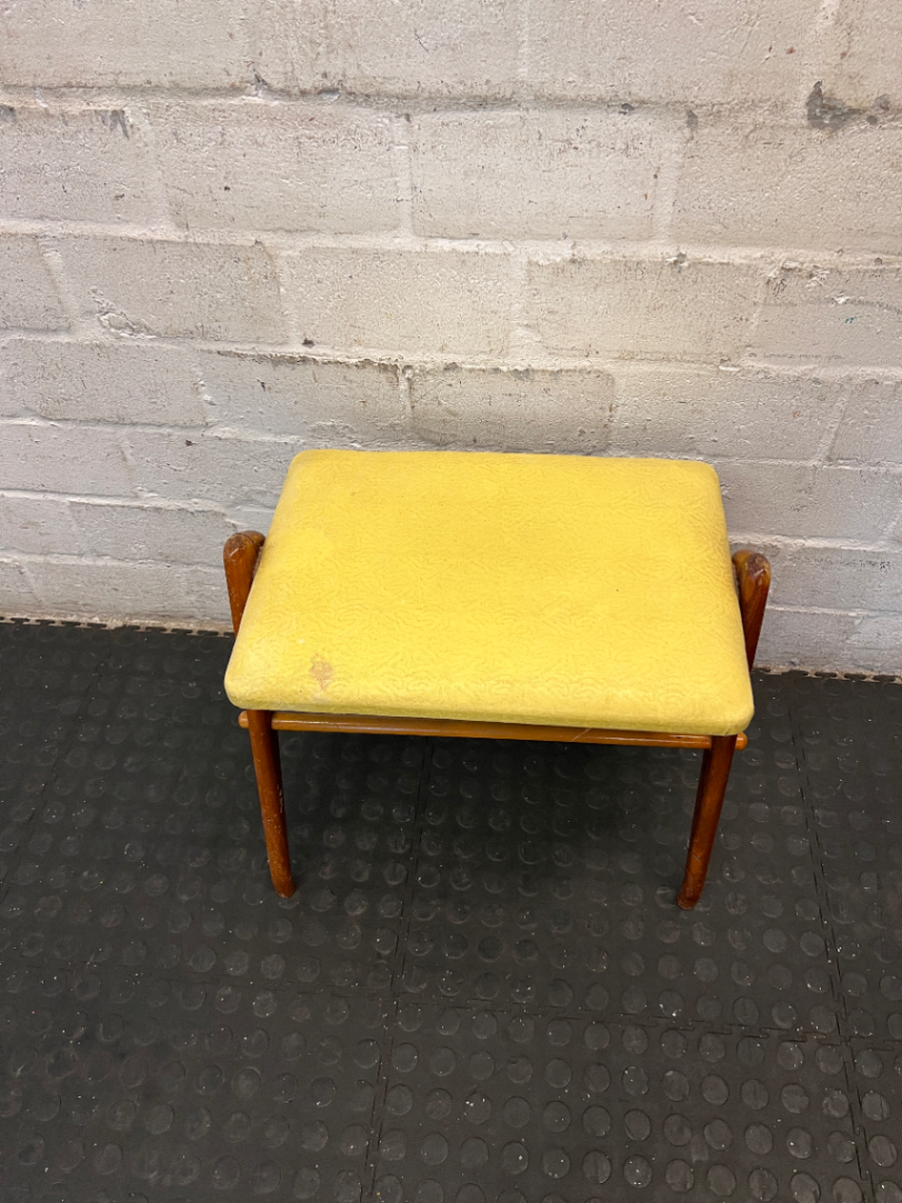 Vintage Wooden Stool with Yellow Patterned Upholstery - 2ndhandwarehouse.com
