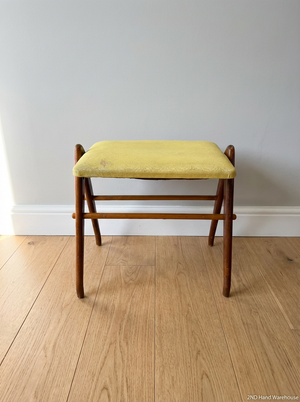 Vintage Wooden Stool with Yellow Patterned Upholstery - 2ndhandwarehouse.com