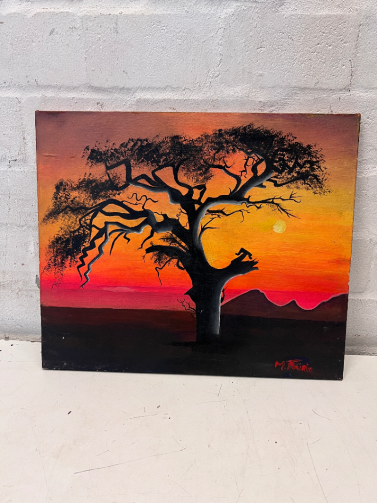 African Sunset Tree Landscape Painting - Signed by M. Fourie - 2ndhandwarehouse.com