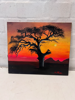 African Sunset Tree Landscape Painting - Signed by M. Fourie - 2ndhandwarehouse.com