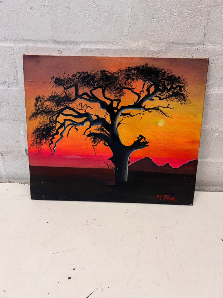 African Sunset Tree Landscape Painting - Signed by M. Fourie - 2ndhandwarehouse.com