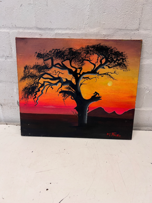African Sunset Tree Landscape Painting - Signed by M. Fourie - 2ndhandwarehouse.com