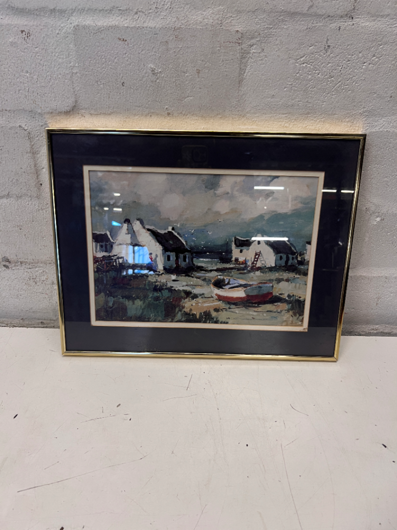 Framed Coastal Landscape Painting with West Coast Cottages - 2ndhandwarehouse.com