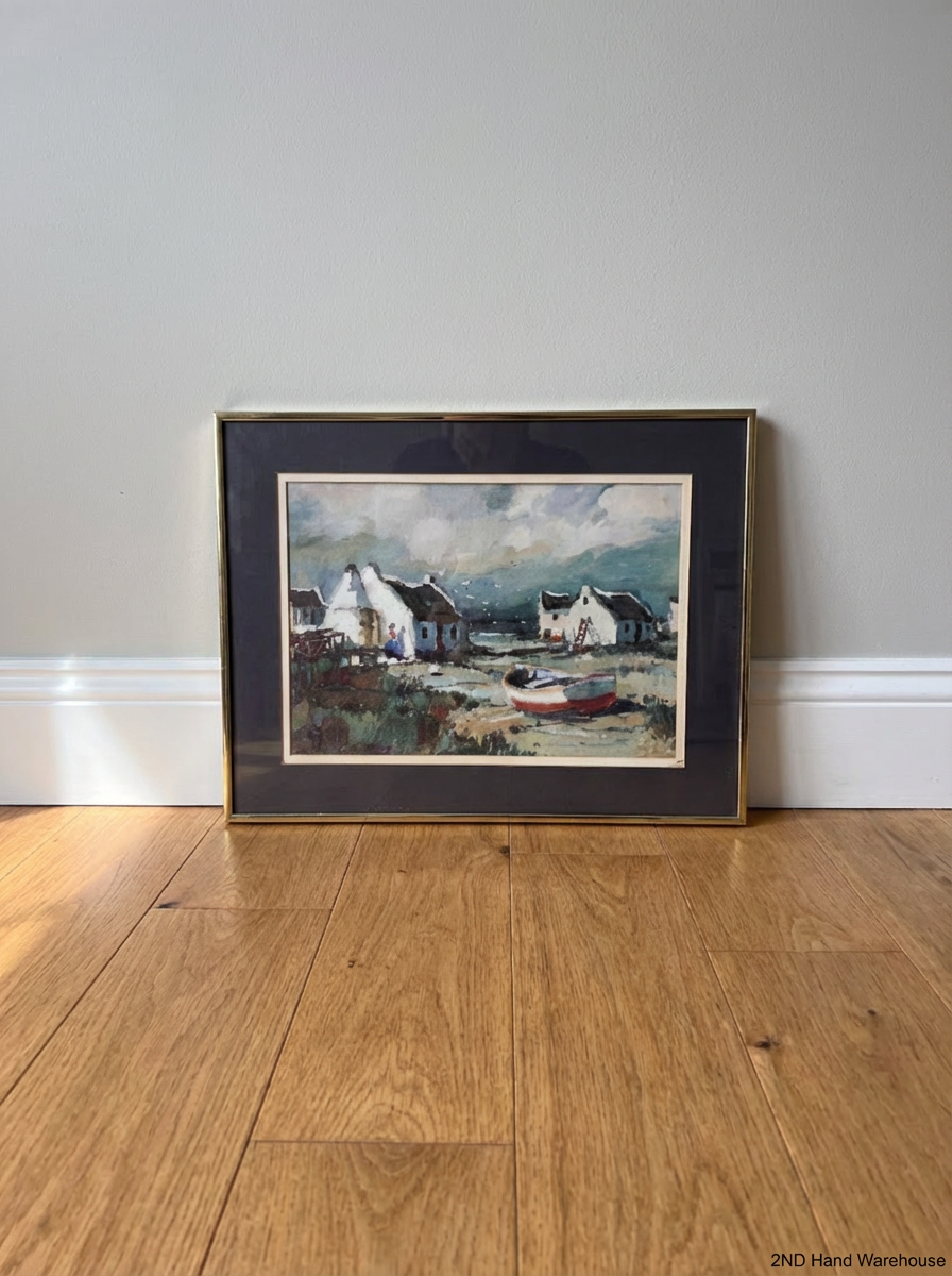 Framed Coastal Landscape Painting with West Coast Cottages - 2ndhandwarehouse.com