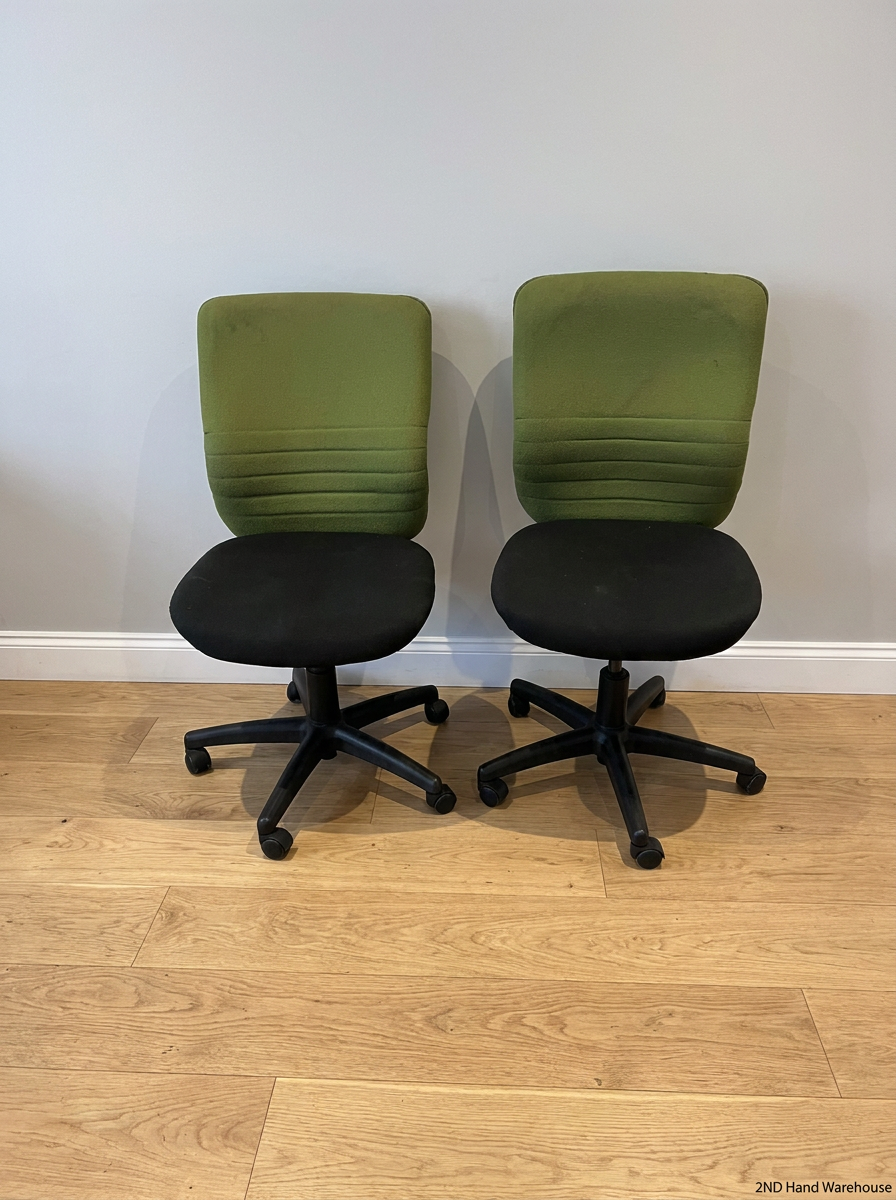 Two-Tone Green and Black Armless Swivel Office Chair — Scuffed Armrests and Well Used Condition - 2ndhandwarehouse.com