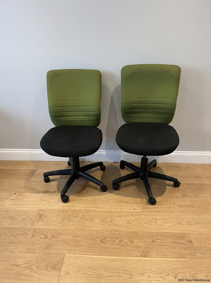 Two-Tone Green and Black Armless Swivel Office Chair — Scuffed Armrests and Well Used Condition - 2ndhandwarehouse.com