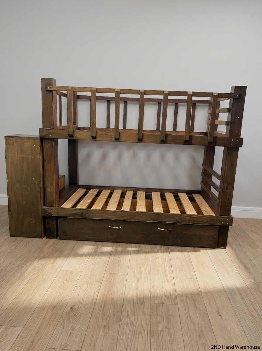 Dark Stained Pine 3/4 Bunk Bed with Storage Steps — Requires Disassembly and Assembly - 2ndhandwarehouse.com