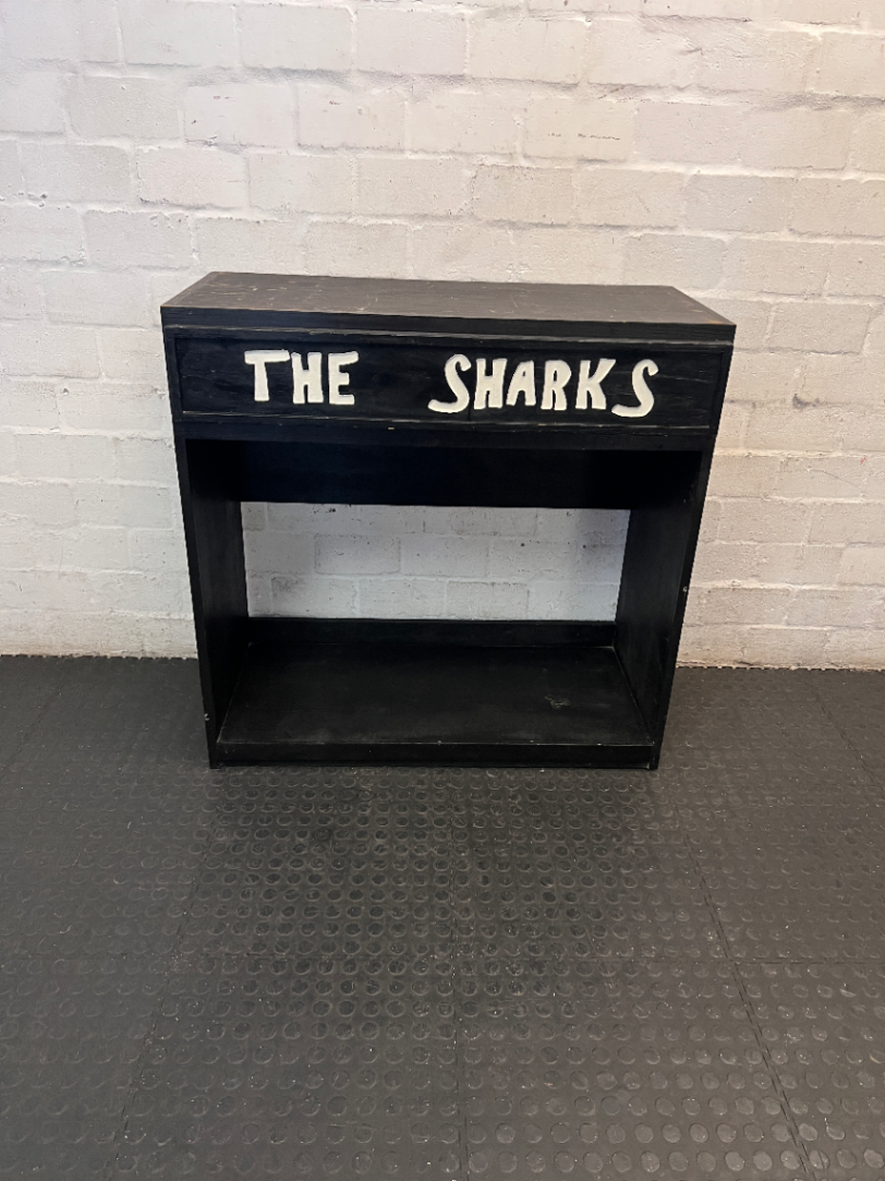 Black Pine Wood Bar Shelf with Sharks Detail — Surface Scratches and Worn Painted F - 2ndhandwarehouse.com