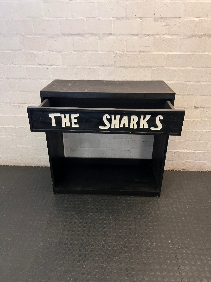 Black Pine Wood Bar Shelf with Sharks Detail — Surface Scratches and Worn Painted F - 2ndhandwarehouse.com
