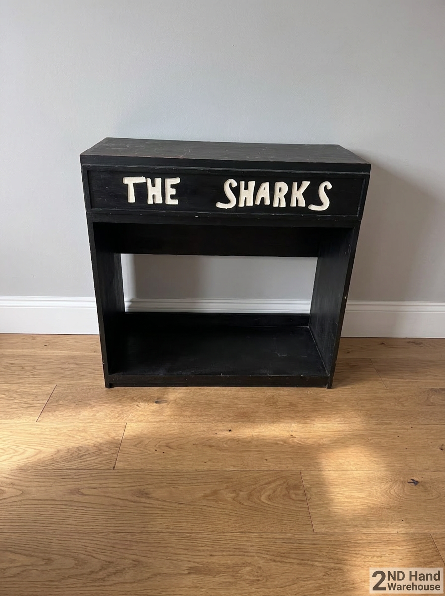 Black Pine Wood Bar Shelf with Sharks Detail — Surface Scratches and Worn Painted F - 2ndhandwarehouse.com