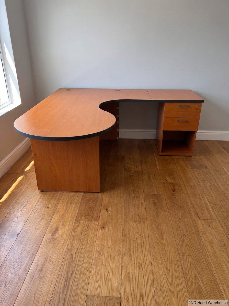 Cherry Wood Finish L-Shaped Desk with Drawers — Missing Drawer Connectors and Panel S - 2ndhandwarehouse.com