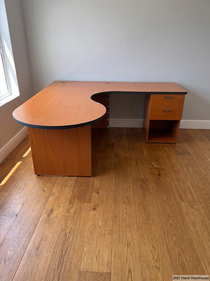 Cherry Wood Finish L-Shaped Desk with Drawers — Missing Drawer Connectors and Panel S - 2ndhandwarehouse.com