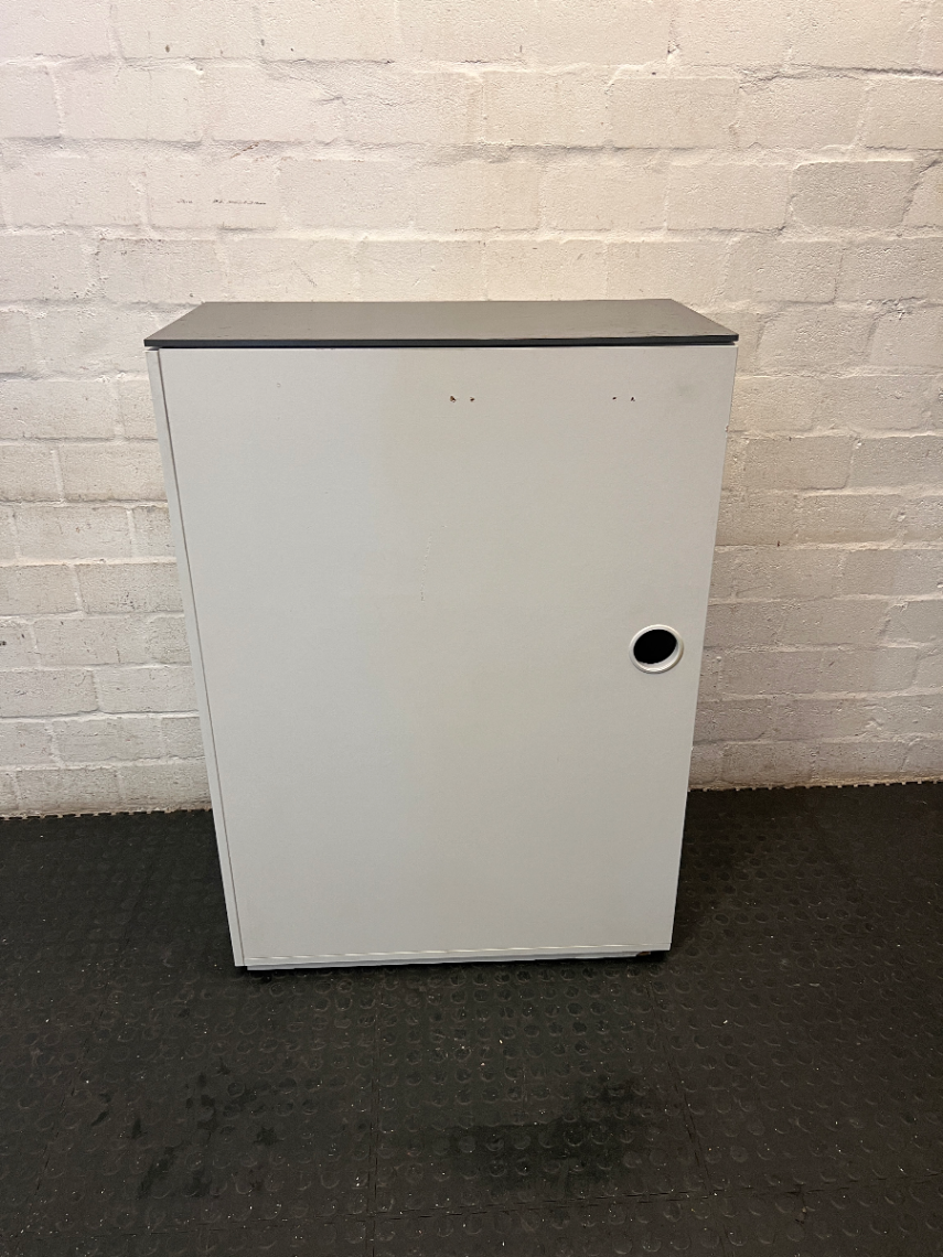 Sleek Narrow White and Grey Office Credenza - 2ndhandwarehouse.com