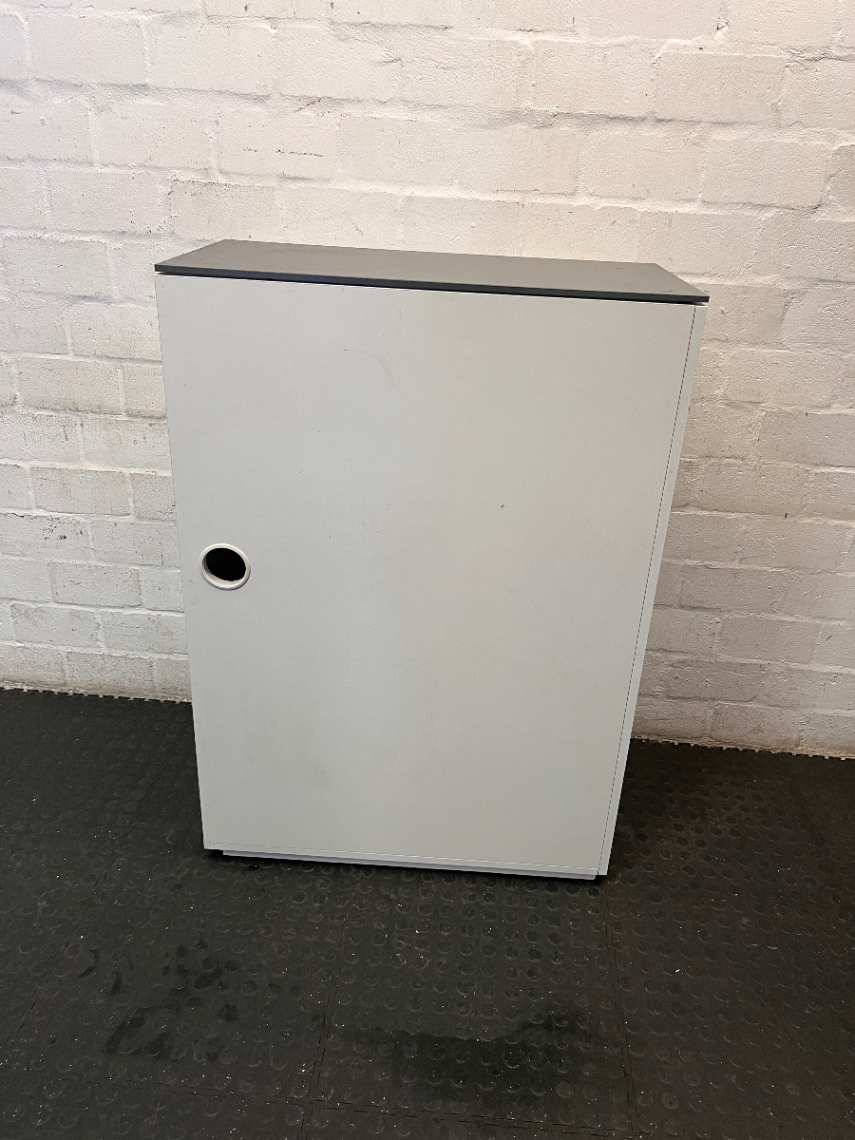 Sleek Narrow White and Grey Office Credenza - 2ndhandwarehouse.com