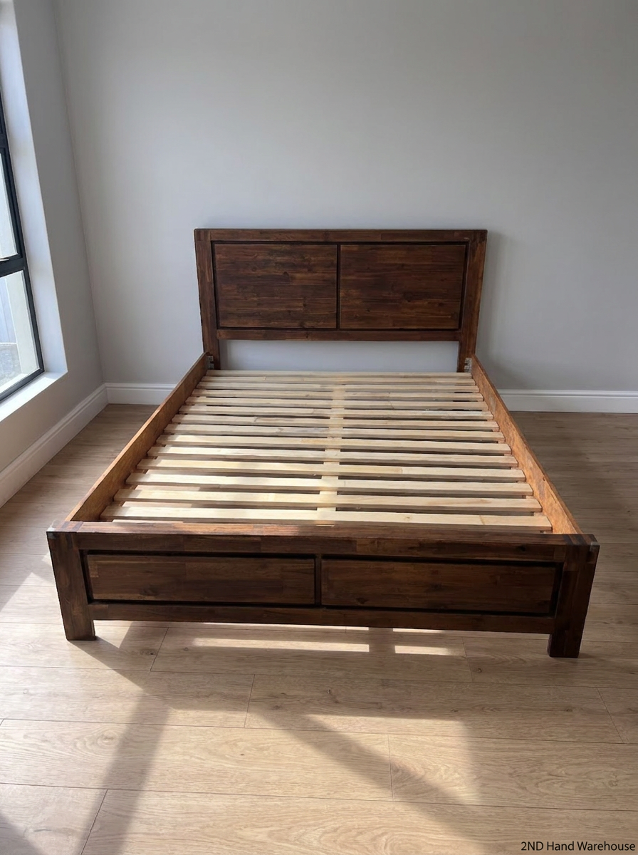 Queen Timber Bed Frame with Integrated Storage Drawers — Stains and Marks on Fabric S - 2ndhandwarehouse.com