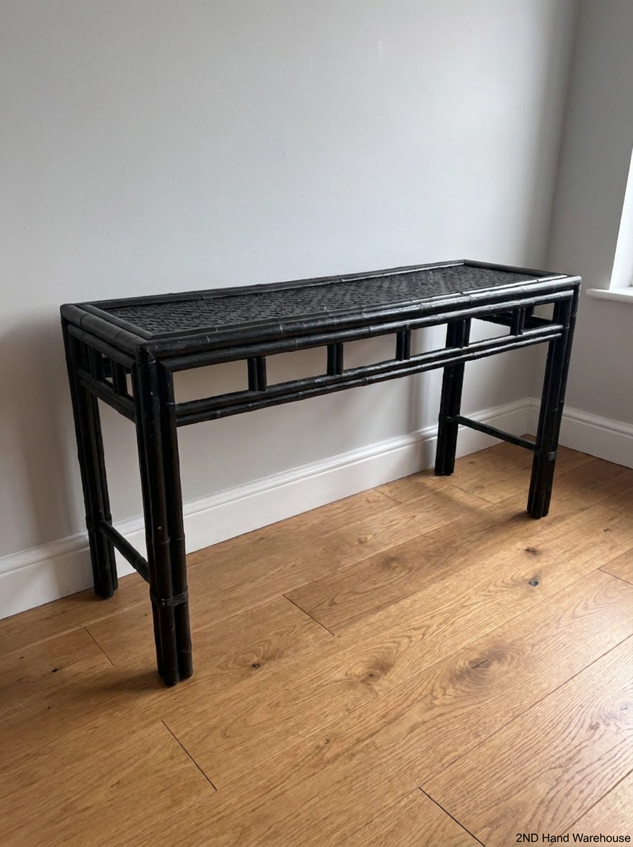 Black Bamboo Style Console Table with Woven Top — Used; Fair Condition - 2ndhandwarehouse.com
