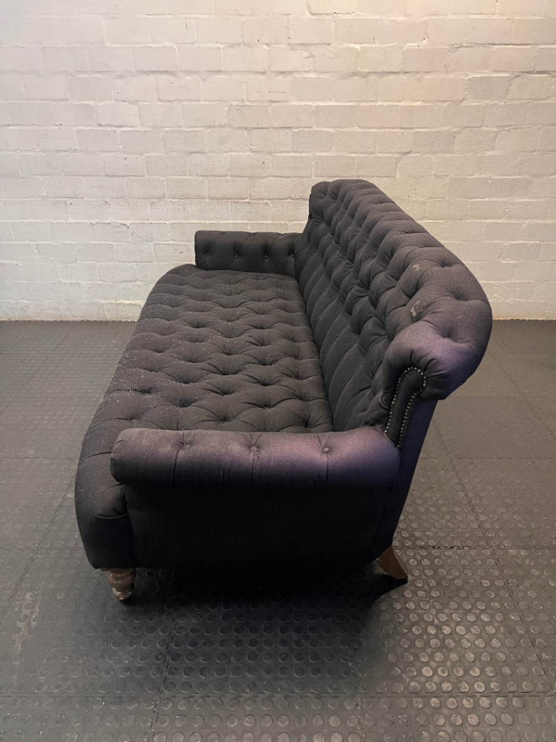 Black Tufted Fabric 3 Seater Couch with Stud Detail — Soiled Upholstery with Extra Cushions
