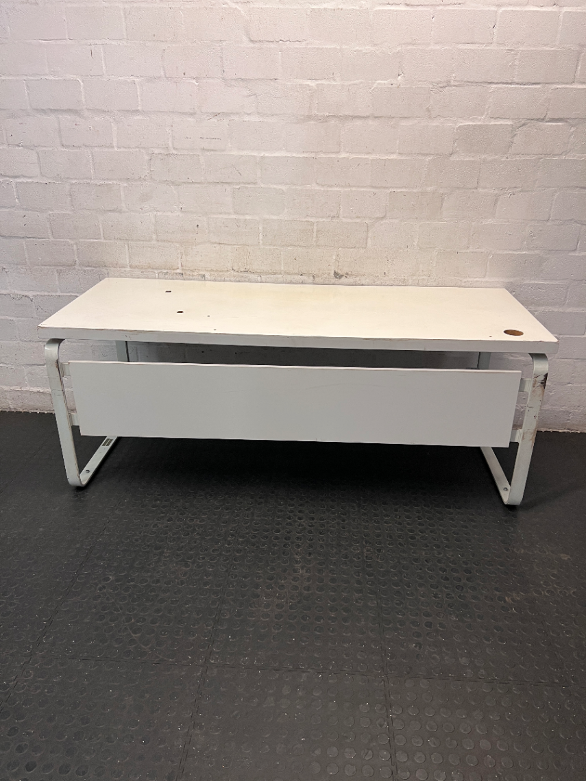 White Office Desk with Modesty Panel and Metal Frame — Visible Scuffs and Marks from Use