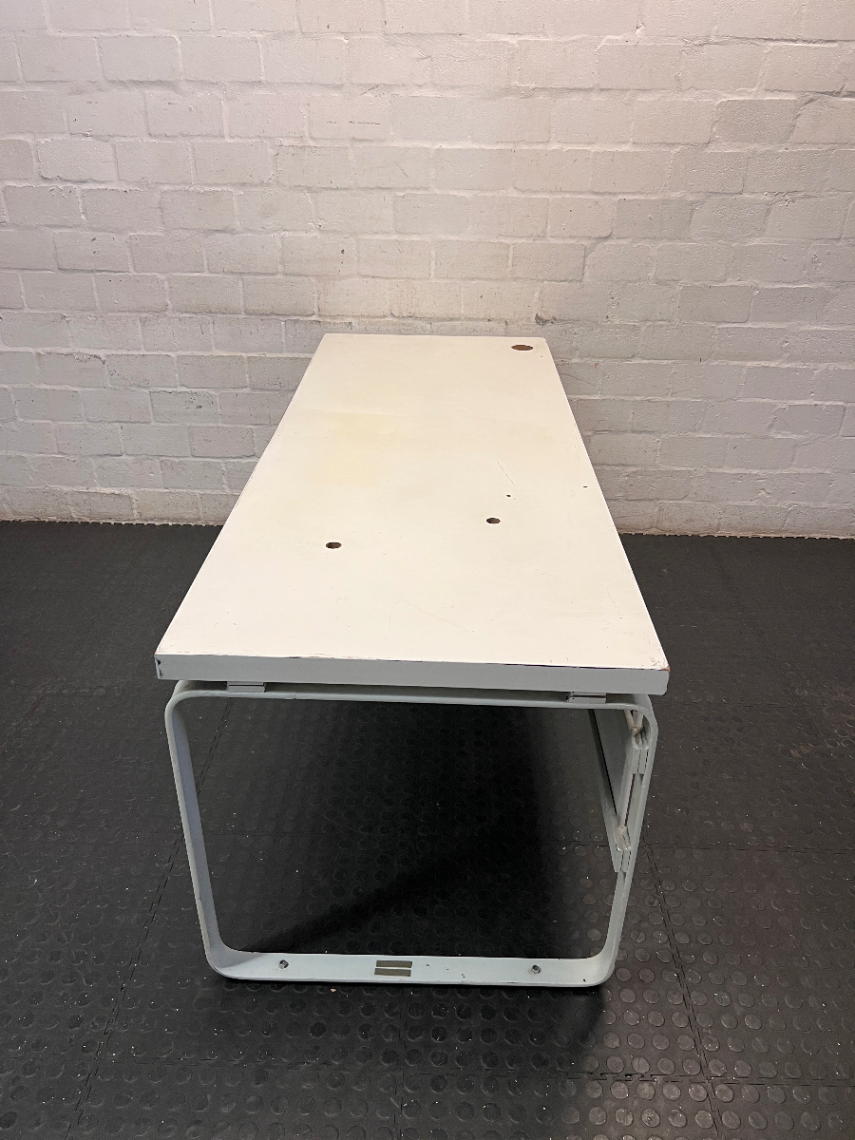 White Office Desk with Modesty Panel and Metal Frame — Visible Scuffs and Marks from Use