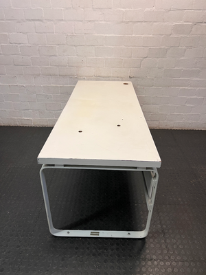 White Office Desk with Modesty Panel and Metal Frame — Visible Scuffs and Marks from Use