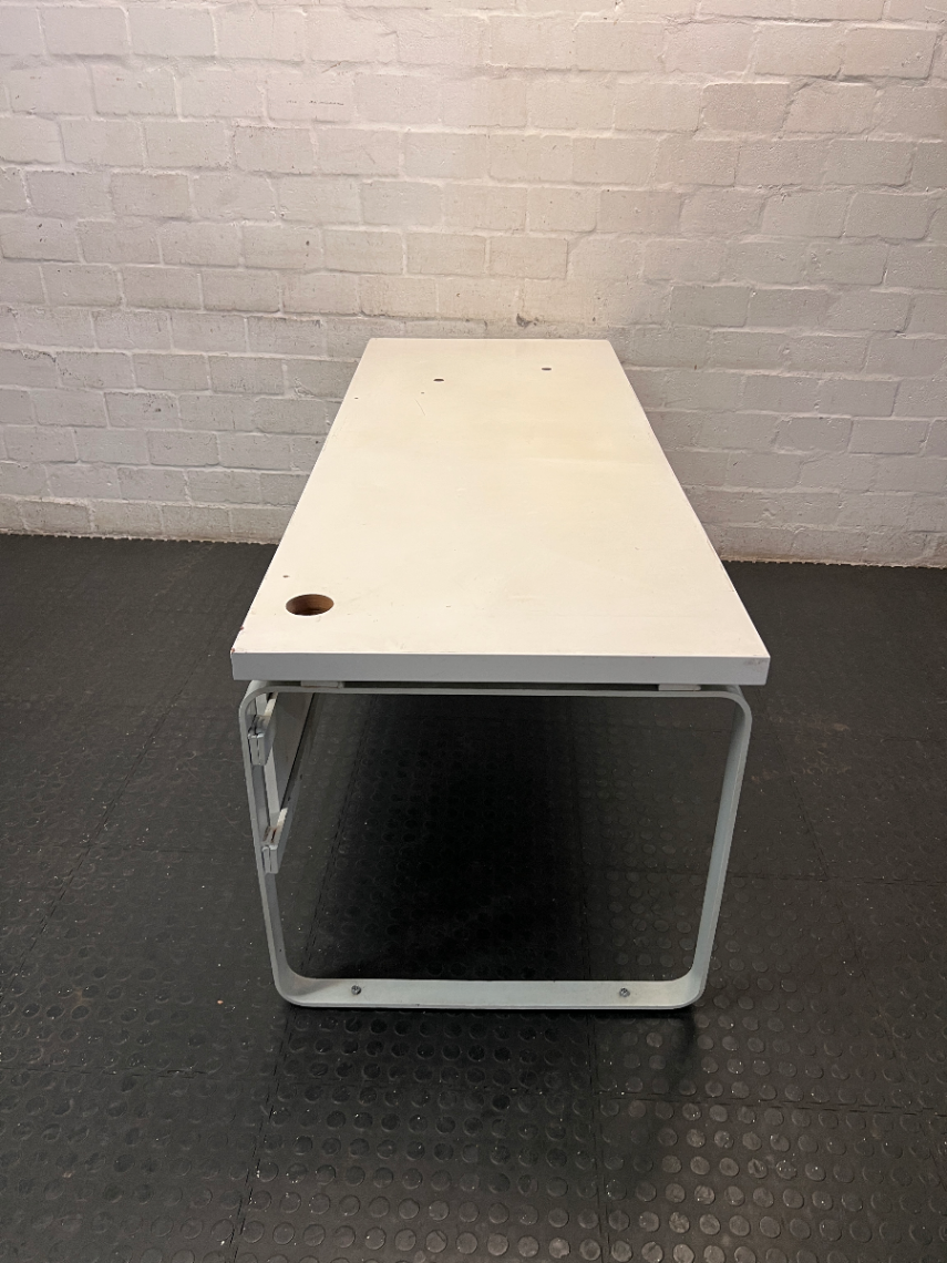 White Office Desk with Modesty Panel and Metal Frame — Visible Scuffs and Marks from Use