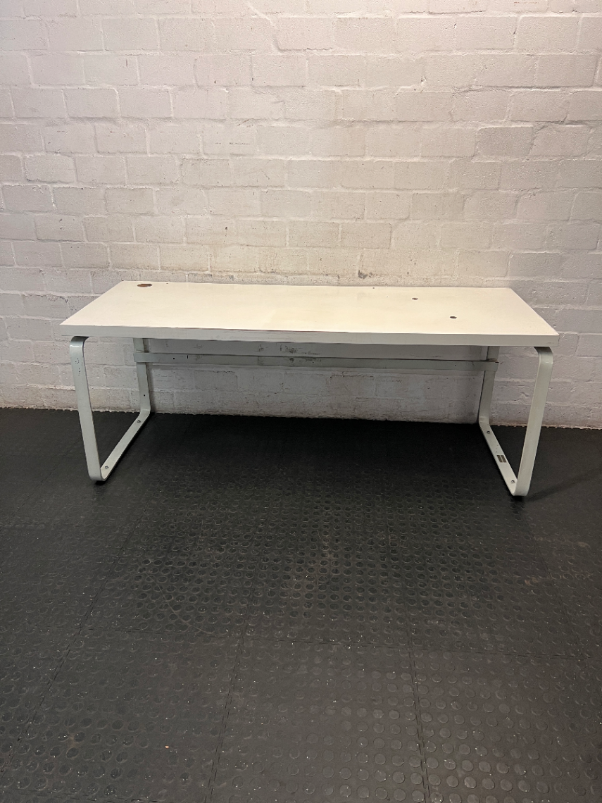 White Office Desk with Modesty Panel and Metal Frame — Visible Scuffs and Marks from Use