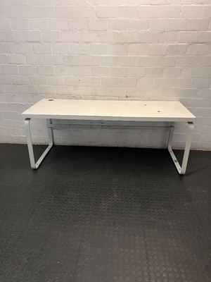 White Office Desk with Modesty Panel and Metal Frame — Visible Scuffs and Marks from Use