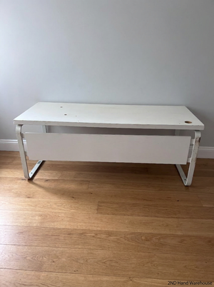 White Office Desk with Modesty Panel and Metal Frame — Visible Scuffs and Marks from Use
