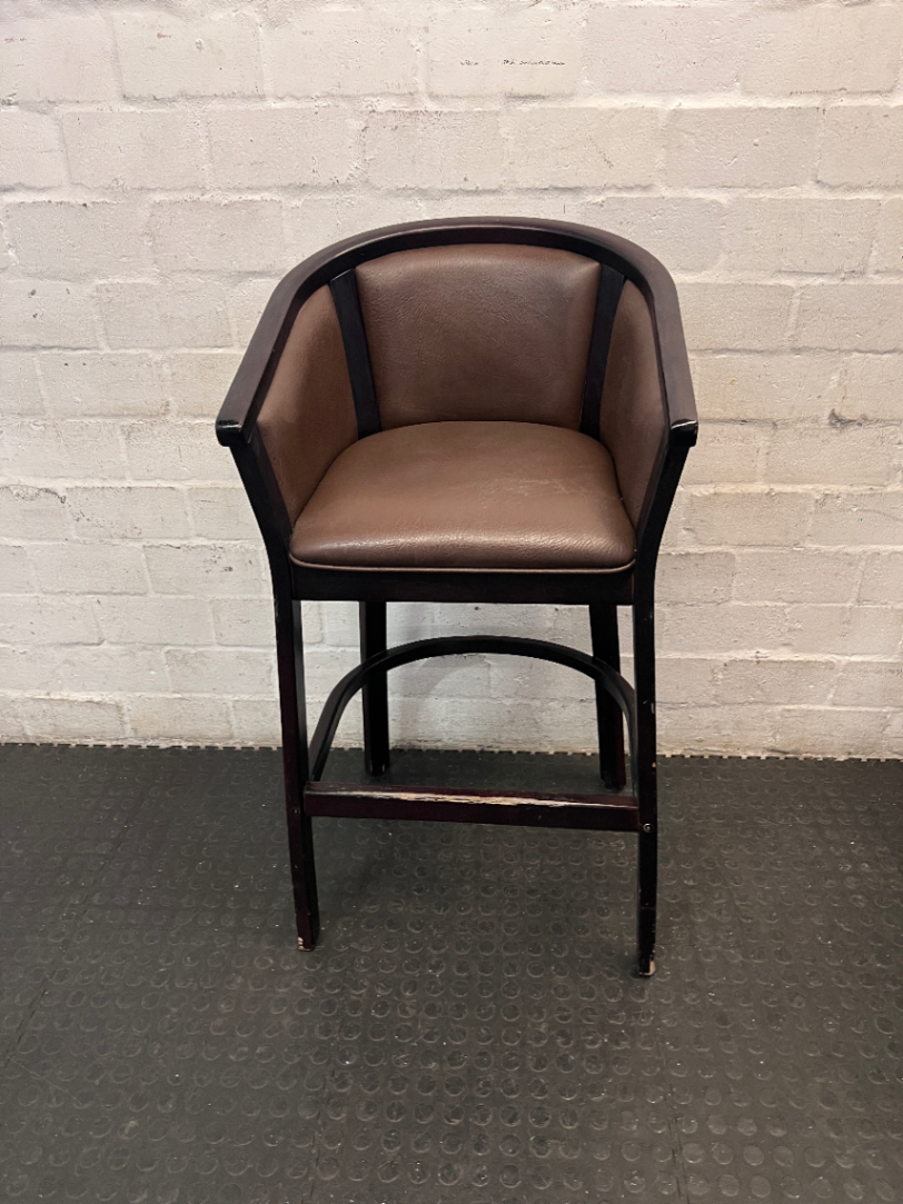 Dark Wood Tub-Style Bar Stool with Brown Upholstery — Visible Scuffs on Wooden Frame