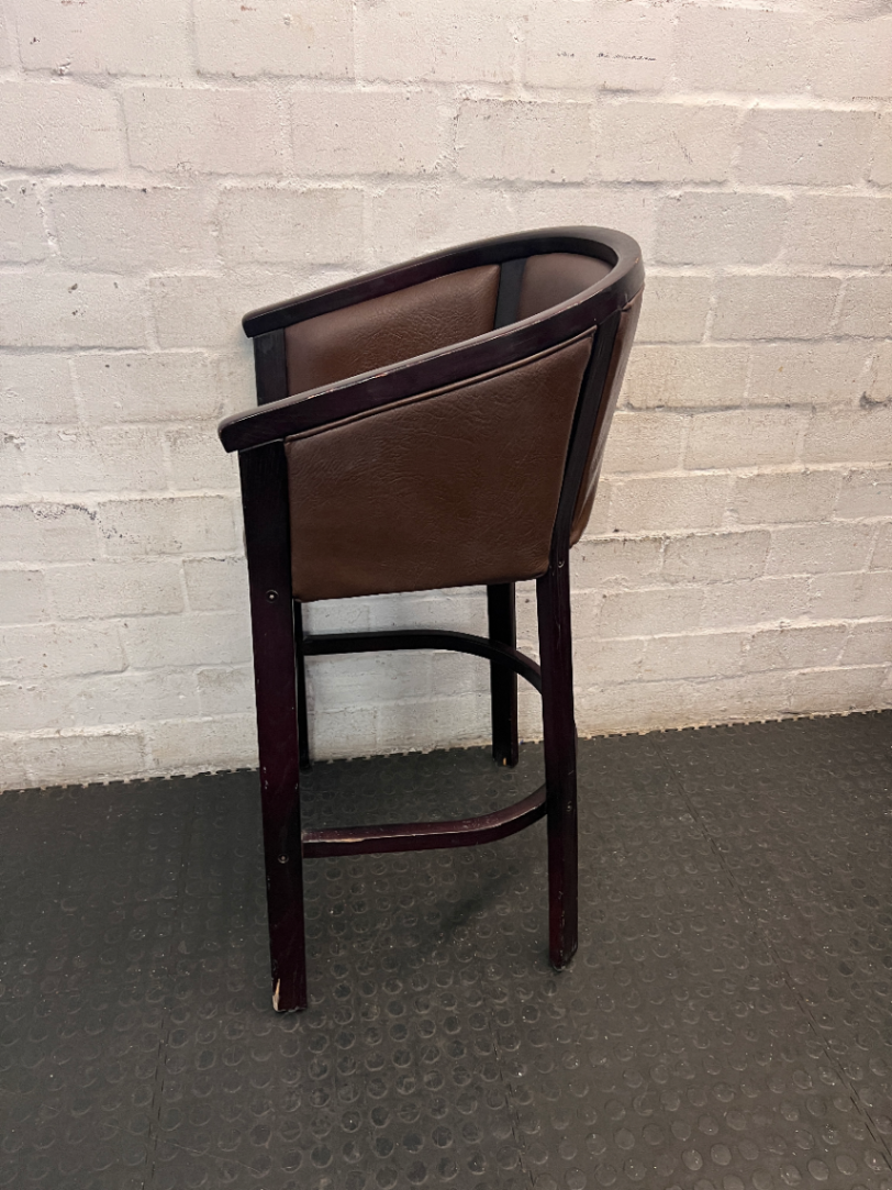 Dark Wood Tub-Style Bar Stool with Brown Upholstery — Visible Scuffs on Wooden Frame