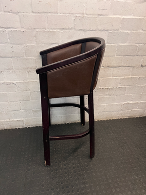 Dark Wood Tub-Style Bar Stool with Brown Upholstery — Visible Scuffs on Wooden Frame