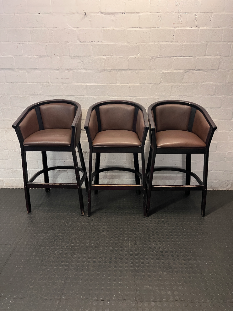 Dark Wood Tub-Style Bar Stool with Brown Upholstery — Visible Scuffs on Wooden Frame