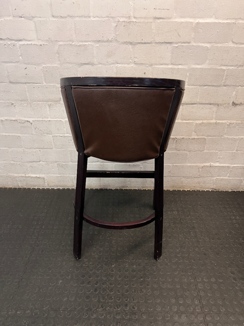 Dark Wood Tub-Style Bar Stool with Brown Upholstery — Visible Scuffs on Wooden Frame