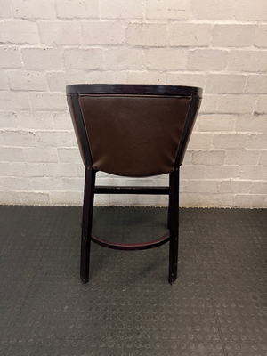 Dark Wood Tub-Style Bar Stool with Brown Upholstery — Visible Scuffs on Wooden Frame
