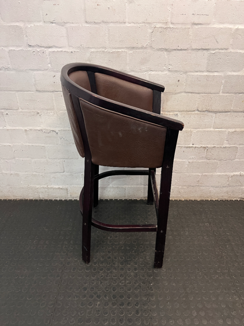 Dark Wood Tub-Style Bar Stool with Brown Upholstery — Visible Scuffs on Wooden Frame
