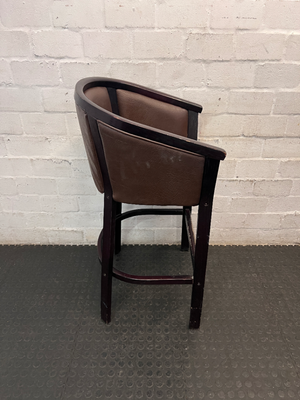 Dark Wood Tub-Style Bar Stool with Brown Upholstery — Visible Scuffs on Wooden Frame