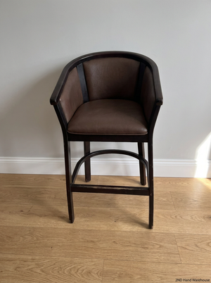 Dark Wood Tub-Style Bar Stool with Brown Upholstery — Visible Scuffs on Wooden Frame