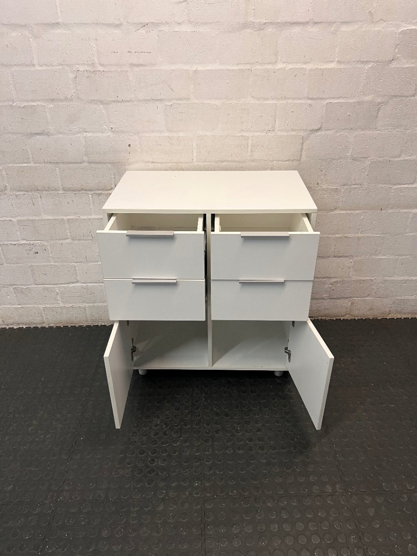 White 4-Compartment Storage Cupboard with Drawers — Used Condition