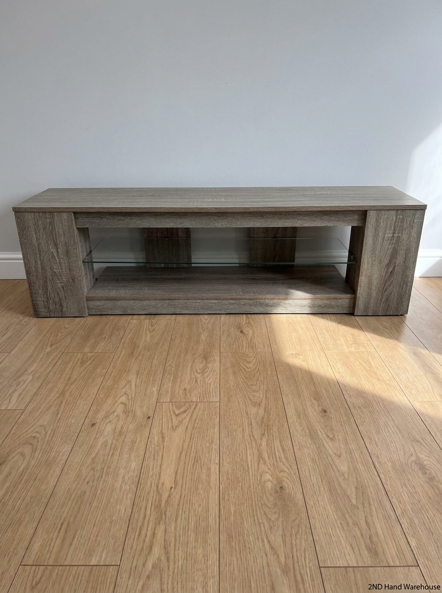 Contemporary Oak-Finish TV Unit with Glass Shelf — Fair Condition with Minimal Damage