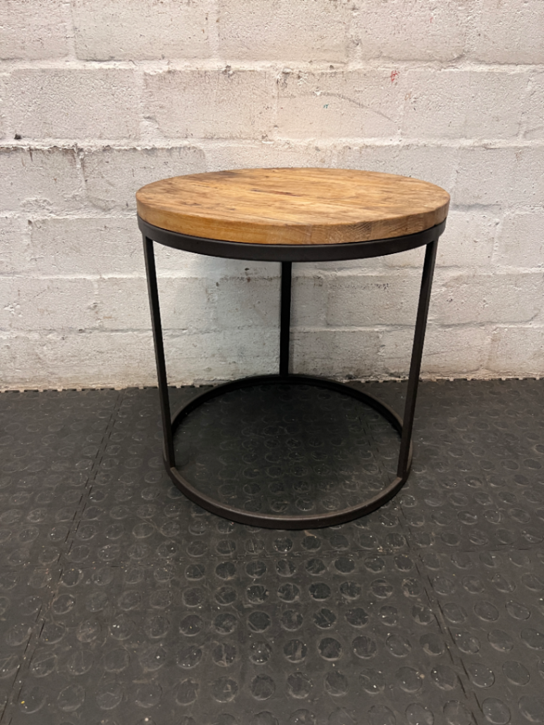 Round Wooden Side Table with Metal Frame