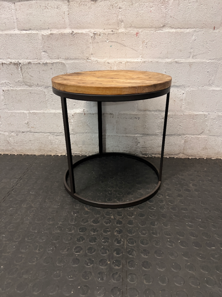 Round Wooden Side Table with Metal Frame