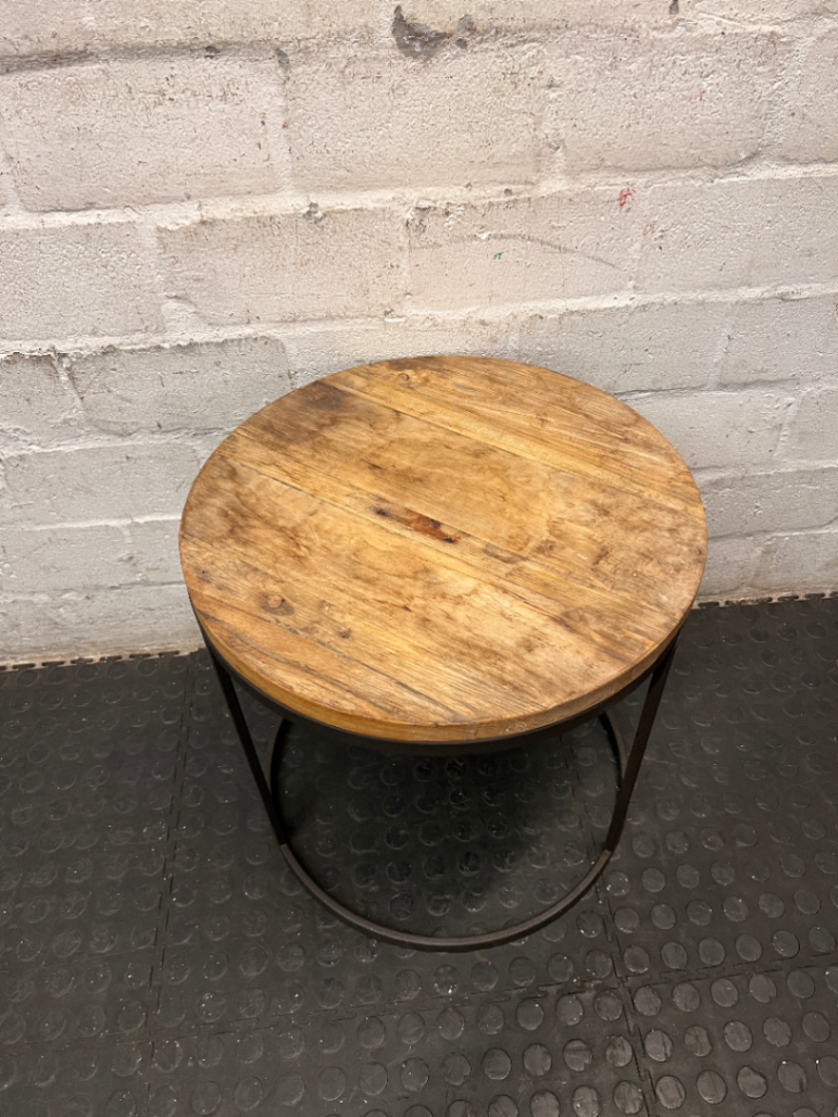 Round Wooden Side Table with Metal Frame