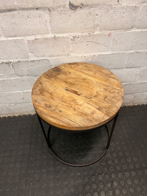 Round Wooden Side Table with Metal Frame