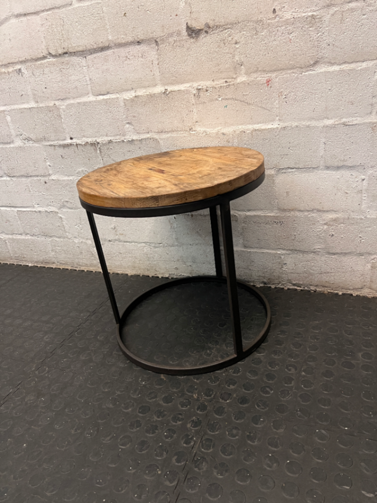 Round Wooden Side Table with Metal Frame