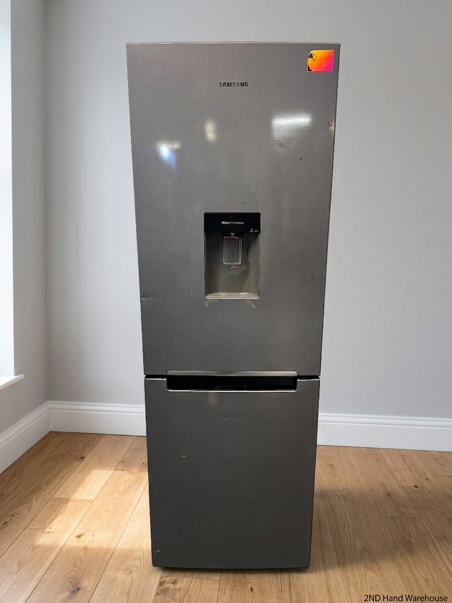 Samsung Silver Bottom Mount Fridge with Water Dispenser — Good Working Order with Adhesive Residue
