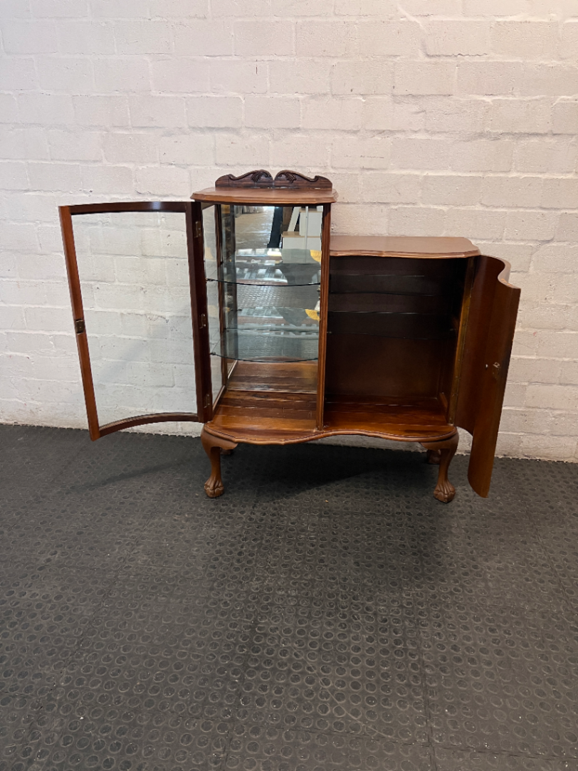 Vintage Ball and Claw Split-Level Display Cabinet — Good Vintage Condition