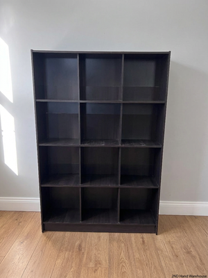 Tall Black 12-Compartment Shelving Unit — Fair Condition with Visible Surface Wear