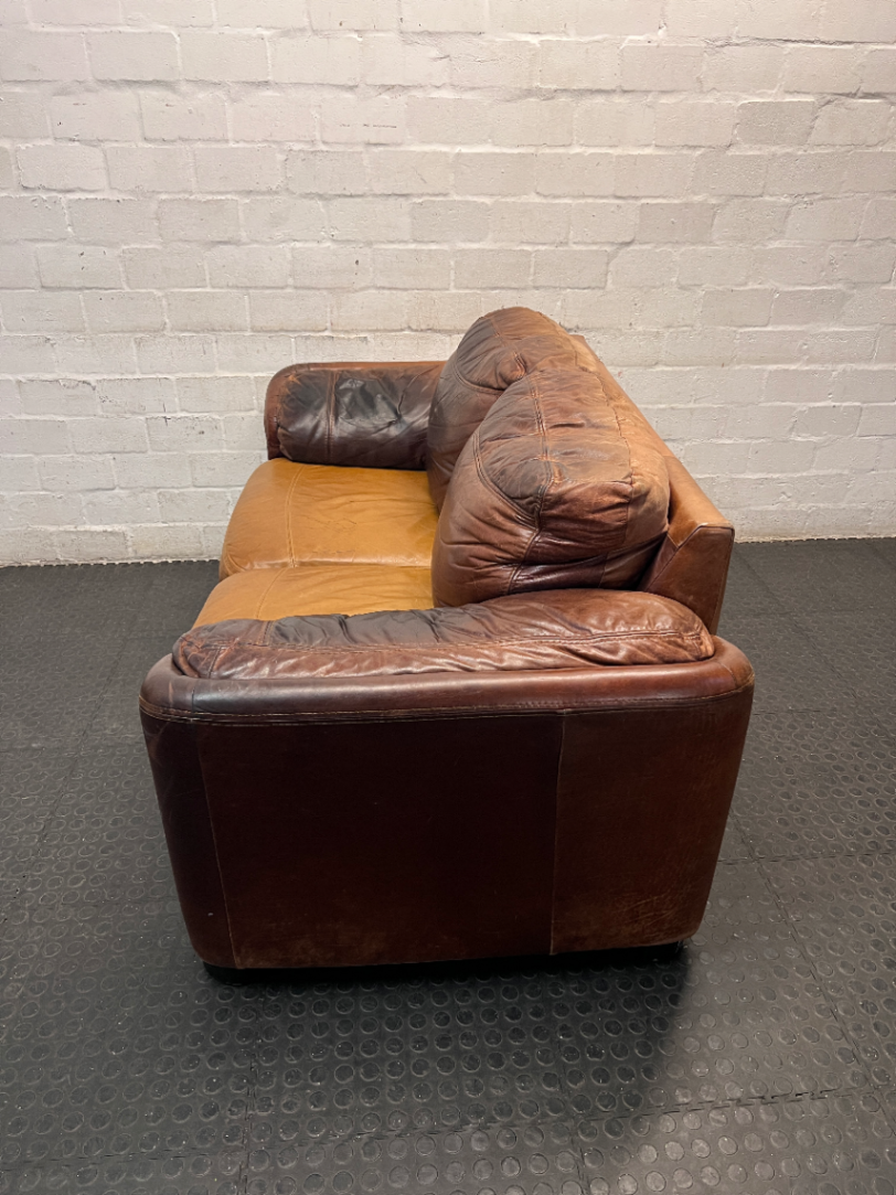 Classic Brown Two-Tone Leather 2 Seater Couch — Mismatched Leather Tones and Heavy Creasing